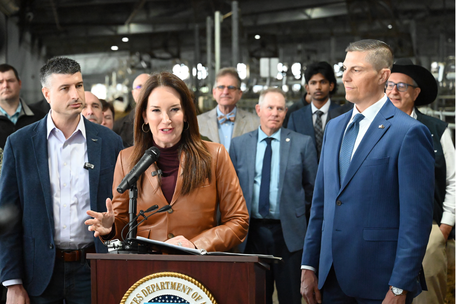 USDA Sec. Rollins at a press conference hosted at the MSU Dairy.